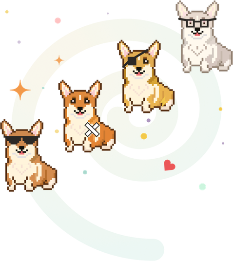 An inclusive pixel corgis. One of them is wearing sunglasses. The second one have an injury paw. The third one have an eye patch. The last one is wearing a glasses.